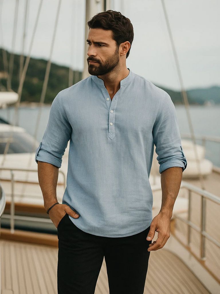 Casual Henley Neck Long Sleeve T-Shirt - Cross & Crown